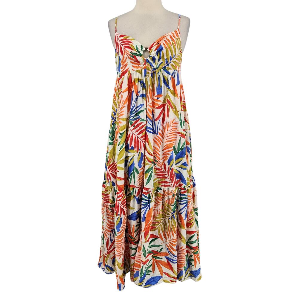 Sweet Lemon Tropical Maxi Dress – Multicolor Leaf Print Tiered Skirt